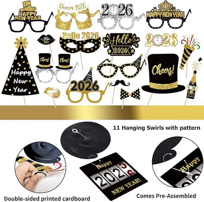 MOVINPE New Years Eve Party Decorations 2026 Black Gold, Happy New Year Party Supplies, Banner Pompoms Number Balloon Fringe Curtain Photo Booth Props Hanging Swirl Squawkers Blowouts