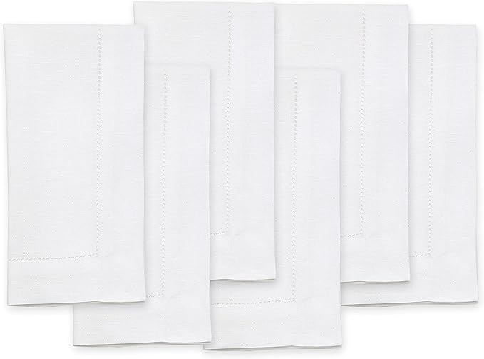 Solino Home White Linen Napkins Set of 6-100% Pure Linen Hemstitch Dinner Napkins 20 x 20 Inch for Fall, Autumn, Winter, Christmas, Holiday, New Year - Classic Hemstitch