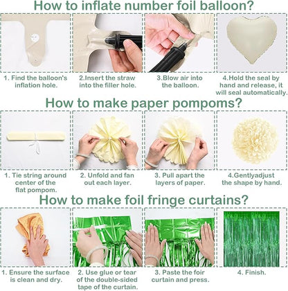 Sage Green 10th Birthday Decorations for Boys Girls Gold Number 10 Balloon Nude Gold Happy Birthday Banner Fringe Curtain Paper Pom Poms Olive Green Cream White Sand Star Foil Balloons Party Decor