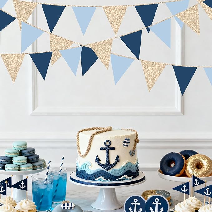 Champagne Gold Navy Blue Dusty Blue Pennant Banner Flag Hanging Paper Triangle Bunting for Birthday Baby Shower Graduation Wedding Bachelor Retirement Nautical Ahoy Achor Party Decorations Supplies
