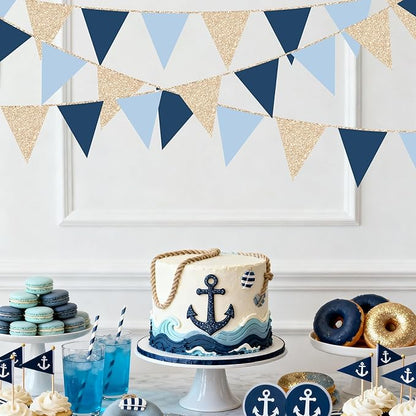 Champagne Gold Navy Blue Dusty Blue Pennant Banner Flag Hanging Paper Triangle Bunting for Birthday Baby Shower Graduation Wedding Bachelor Retirement Nautical Ahoy Achor Party Decorations Supplies