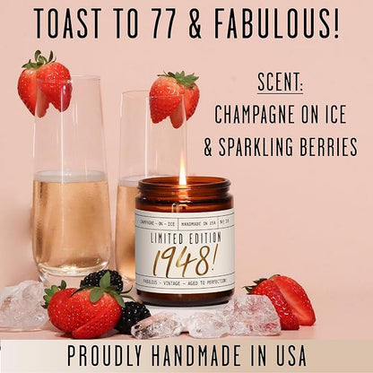 77th Birthday Gifts for Women - 'Limited Edition 1948' Soy Candle, w/Champagne on Ice I 77 Birthday Gifts for Women I 77th Birthday Gift for Her Ideas I 9oz Reusable Jar, 50Hr Burn, Made in USA