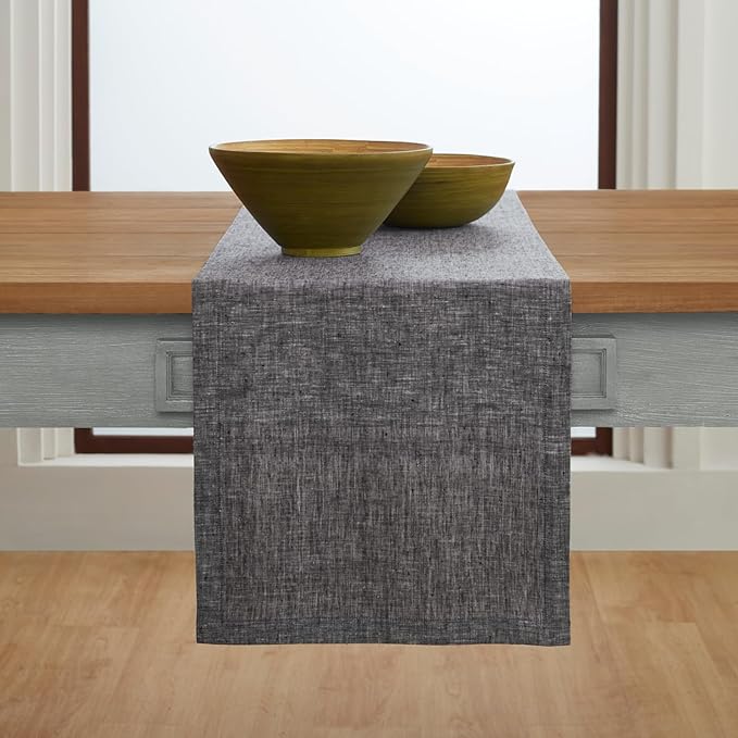 Solino Home Linen Chambray Black Table Runner 120 Inches Long - Athena, 100% Pure Linen 14 x 120 Inch Table Runner for Winter, Holiday