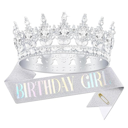 Queen Crown Birthday Crowns for Women, Birthday Girl Sash, Birthday Tiara for Women Set, Princess Rhinestone Birthday Girl Headband Birthday Gifts for Women, Sweet Happy Accessories