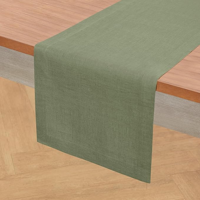 Solino Home Linen Table Runner 36 Inches - 100% Pure Linen Oil Green Table Runner 14 x 36 Inch Ideal for Dresser and Coffee Tables - Fall, Autumn, Christmas, New Year - Fete