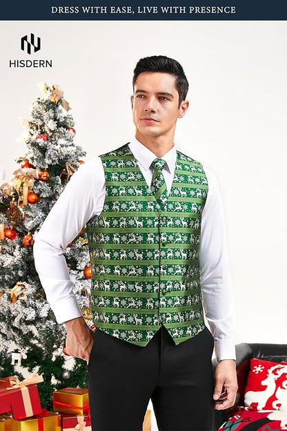 HISDERN Men's Suit Vest Christmas Holiday Season Party Jacquard Waistcoats Necktie Pocket Square Vest Suit Set