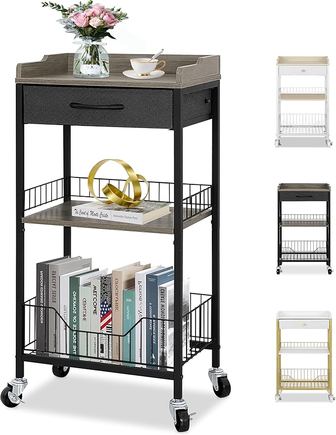 4-Tier Tall Side Table with Optional Wheels, Narrow End Table with Drawer and Shelves, 30" High Small Storage Table for Living Room, Bedroom, Bathroom, Black & Grey