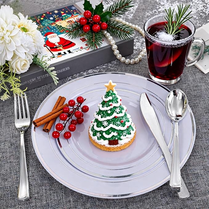 WELLIFE 700 Pcs Silver Plastic Plates for 100 Guests - Christmas Party Supplies Includes 200 Plastic Plates,300 Silver Silverware,100 Napkins,100 Cups for Party,Disposable Dinnerware Set