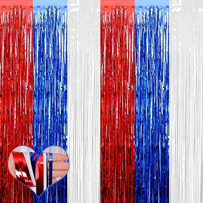 4 Pack 3.2Ft x 8.2Ft Independence Day Fringe Curtain Backdrop, Red Blue White Metallic Tinsel Foil Fringe Streamers Curtains Background for Photo Booth Birthday Wedding Carnival Party Decoration