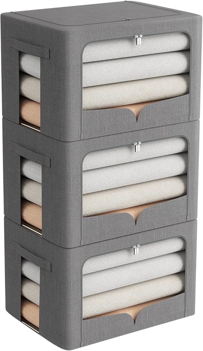 FHSQX 3 Pack Clothes Storage Bins Foldable Metal Frame Storage Box Stackable Linen Fabric Organizer Set with Carrying Handles and Clear Window (Dark Gray, 15.7x11.8x11.8inch(36L))