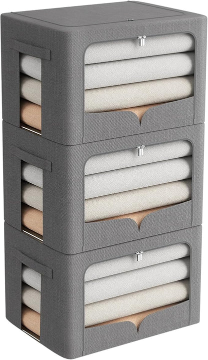 FHSQX 3 Pack Clothes Storage Bins Foldable Metal Frame Storage Box Stackable Linen Fabric Organizer Set with Carrying Handles and Clear Window (Dark Gray, 15.7x11.8x11.8inch(36L))