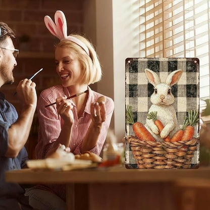 Charming Easter Bunny Metal Sign Vintage Checkered Basket Carrot Design Rustic Country Wall Art For Living Room Kitchen Office Spring Decor 8x12Inch