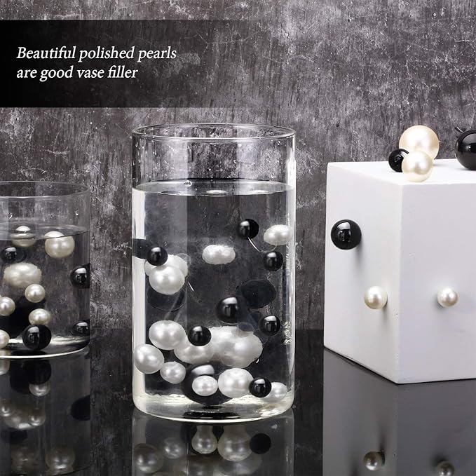 Hicarer 120 Pieces Pearl for Vase Filler Pearl Bead Vase Centerpieces Brush Holder Assorted Round Faux Bead for Crafting, Home Wedding Table Decor 14/20/30 mm(Creamy White, Bright Black)