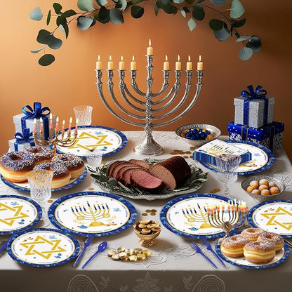 168pcs Hanukkah Party Supplies Include Plates Napkins Cups Forks for Hanukkah Deco Paper Disposable Party Tableware Set Serve 24 Guests