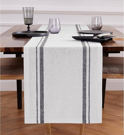Solino Home Linen Table Runner 108 Inches Long - 100% Pure Linen Black and White French Stripe Table Runner 16 x 108 Inch for Dining, Fall, Autumn