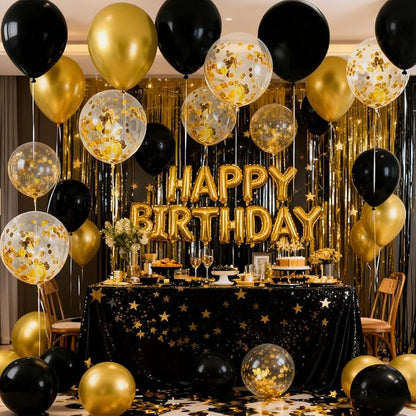 JOJO FLY 50 Pcs 12 Inches Black and Gold Balloons, Gold Confetti Balloons, Retirement, Birthday Party Decorations, New Years Eve Decorations, Graduation Party Supplies