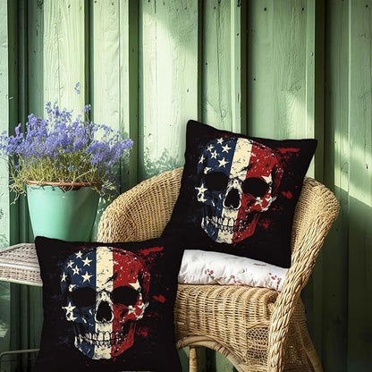 Patriotic Skull Throw Pillow Covers 18x18 Set of 2 | Decorative Cushion Cases for Couch, Sofa and Bedroom | Rustic Americana Home Decor for Living Room, Man Cave