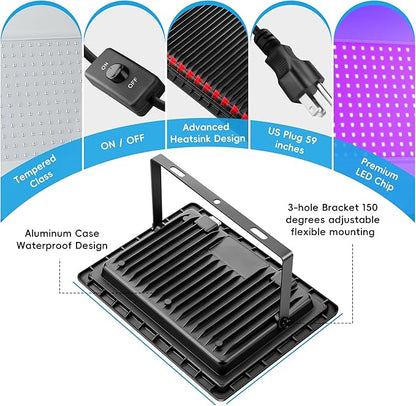 2 Pack 80w Black Light, 365nm Black Flood Light Outdoor with Plug and Switch, IP66 Waterproof Blacklight for Glow Party, Stage Lighting, Fluorescent Poster, Body Paint