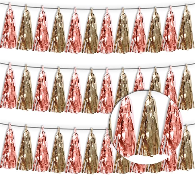 3P Rose Champagne Gold Tassel Banner Garland Metallic Foil Fringe Banner Tinsel Tassels Streamer Banner Backdrop for Parade Floats, Graduation Decorations, Wedding Party Decoration