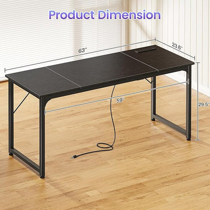 PRAISUN 63 X 24 Inch Office Computer Desk with Power Outlets and USB-C Port, Larger and Longer Gaming Desk, for Home Office, Study, Writing Work from Home Table, Metal Frame, Black