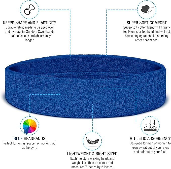 Suddora Workout Headband for Men and Women, Moisture-Wicking Athletic Sweatband, Lightweight Cotton Terry Cloth Bands for Basketball, Tennis, Football, Gym, Running, Cosplay & Costumes