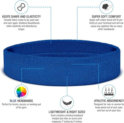Suddora Workout Headband for Men and Women, Moisture-Wicking Athletic Sweatband, Lightweight Cotton Terry Cloth Bands for Basketball, Tennis, Football, Gym, Running, Cosplay & Costumes