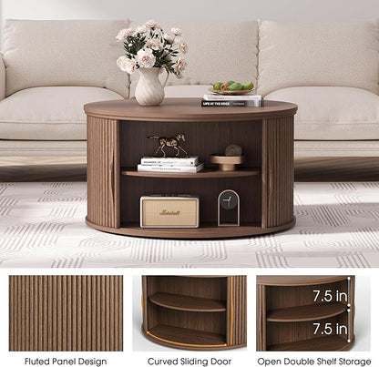 31.5" Round Lift Top Coffee Table, Mid Century Modern Walnut Center Table with Hidden Storage, Fluted Drum Wood Design for Small Living Room & Apartment