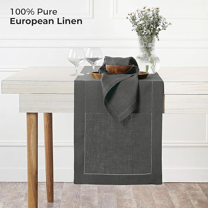 D'Moksha Homes Linen Charcoal Grey Table Runner 120 Inches Long - 100% Pure Linen Hemstitch 14 x 120 Inch Table Runner for Dining, Winter, Christmas, Holiday - Classic Hemstitch
