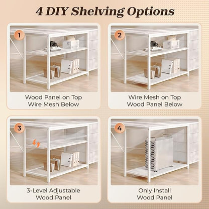 PRAISUN 61" L Shaped Desk with Power Outlets and USB-C Port, Reversible Computer Corner Office Desk with 4 Fabric Drawers and 2 Height-Adjustable Shelves, Large for Gaming Writing Work Study, White