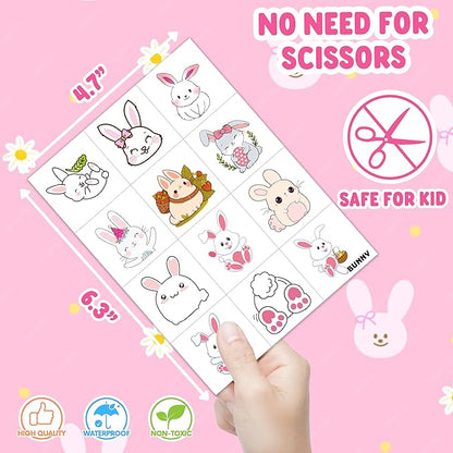 8 Sheets (96PCS) Bunny Pre-Cut Temporary Tattoos for Kids – Cute Bunny Birthday Party Favors Supplies Decorations, Easter Egg Carrot Tattoo Stickers for Boys and Girls, Classroom Rewards and Prizes
