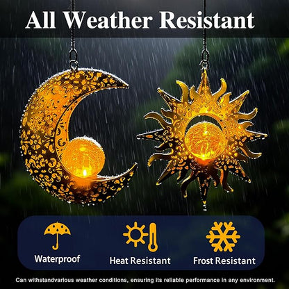 Solar Hanging Sun and Moon Lights Garden Outside Decor,2 Pack Metal Lanterns Outdoor Sunflower Art Decorations for Porch Backyard Patio Wall Tree,Unique Gardening Gifts for Women Mom Grandma