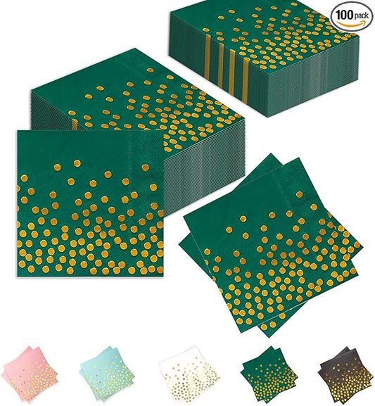 100 Pack 6.5x6.5 Inch Disposable Green and Gold Cocktail Napkins