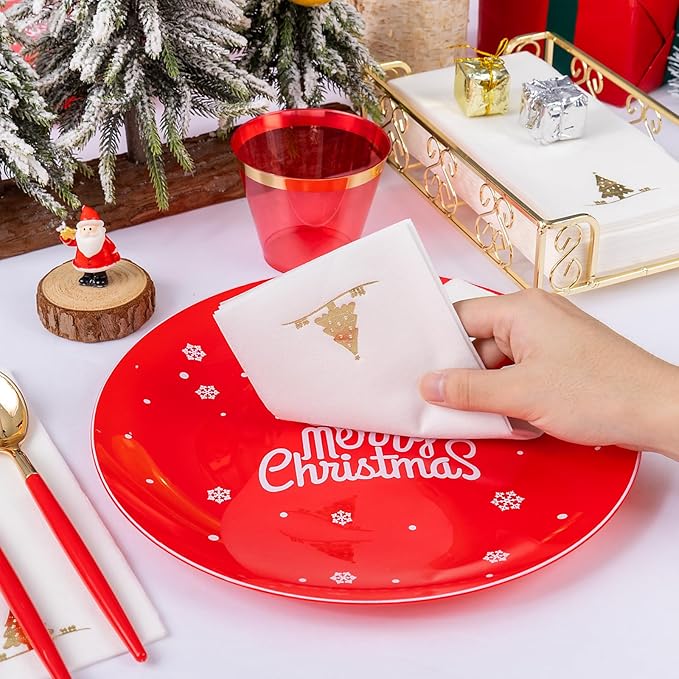 Nervure 175PCS Christmas Plastic Plates - Red and White Disposable Plates & Gold Plastic Silverware with Red Handle include 50 Plates 25Knives 25Forks 25Spoons 25Napkins for Christmas Party