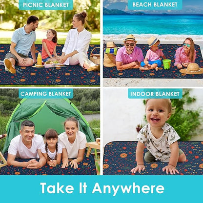 Waterproof Picnic Outdoor Blanket, 79" x 59" Sandproof Foldable Large Picnic Blanket for Beach, Camping, Park, Travel, Concert, Great Gift for Families and Couples (Midnight Flowers)