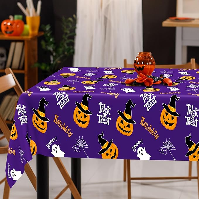QZYL 4 Pack Halloween Coloring Tablecloth, 54" x 108" Pumpkin Decorations, Purple Disposable Table Cloth Black Plastic Tablecover, Halloween Party Decor Supplies Indoor Outdoor