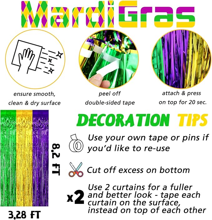 4 Pack 3.2Ft x 8.2Ft Mardi Gras Fringe Curtain Backdrop, Gold Green Purple Metallic Tinsel Foil Fringe Streamers Curtains Background for Photo Booth Birthday Wedding Carnival Party Decorations