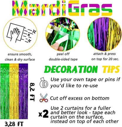 4 Pack 3.2Ft x 8.2Ft Mardi Gras Fringe Curtain Backdrop, Gold Green Purple Metallic Tinsel Foil Fringe Streamers Curtains Background for Photo Booth Birthday Wedding Carnival Party Decorations