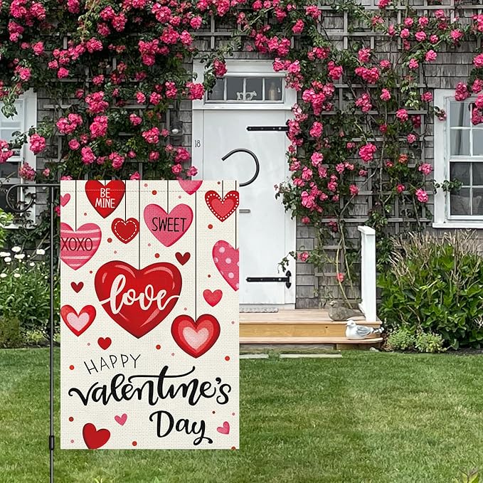 Heyfibro Happy Valentine's Day Garden Flag 12 x 18 Inch Double Sided Burlap,Candy Love Heart Flag Valentine’s Party Supplies for Anniversary Wedding Home Outdoor Decoration (ONLY FLAG)