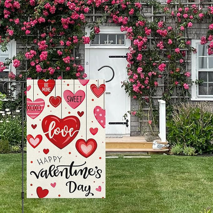 Heyfibro Happy Valentine's Day Garden Flag 12 x 18 Inch Double Sided Burlap,Candy Love Heart Flag Valentine’s Party Supplies for Anniversary Wedding Home Outdoor Decoration (ONLY FLAG)