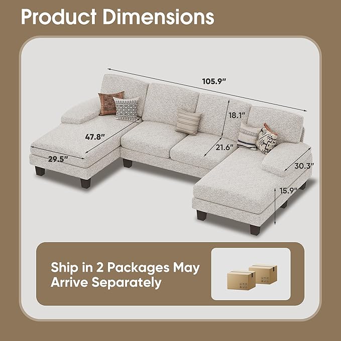 Furmax Sectional Couches for Living Room, U-Shaped Sofa Couch with Linen Fabric, 4 Seat Sofa Set with Double Chaise for Apartment (Loop Yarn, Pearl Gray)