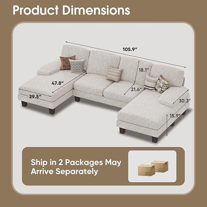 Furmax Sectional Couches for Living Room, U-Shaped Sofa Couch with Linen Fabric, 4 Seat Sofa Set with Double Chaise for Apartment (Loop Yarn, Pearl Gray)