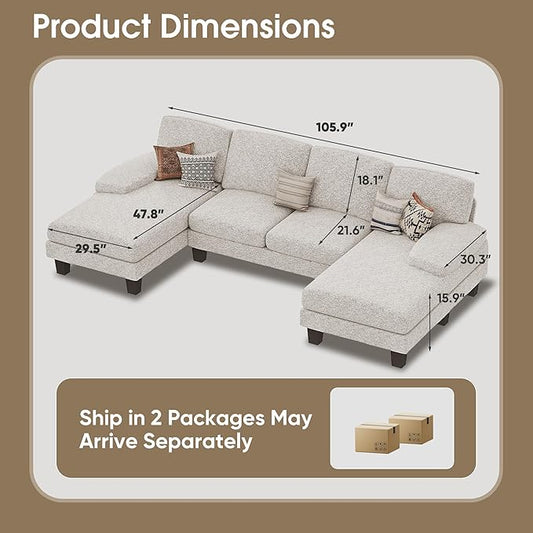Furmax Sectional Couches for Living Room, U-Shaped Sofa Couch with Linen Fabric, 4 Seat Sofa Set with Double Chaise for Apartment (Loop Yarn, Pearl Gray)
