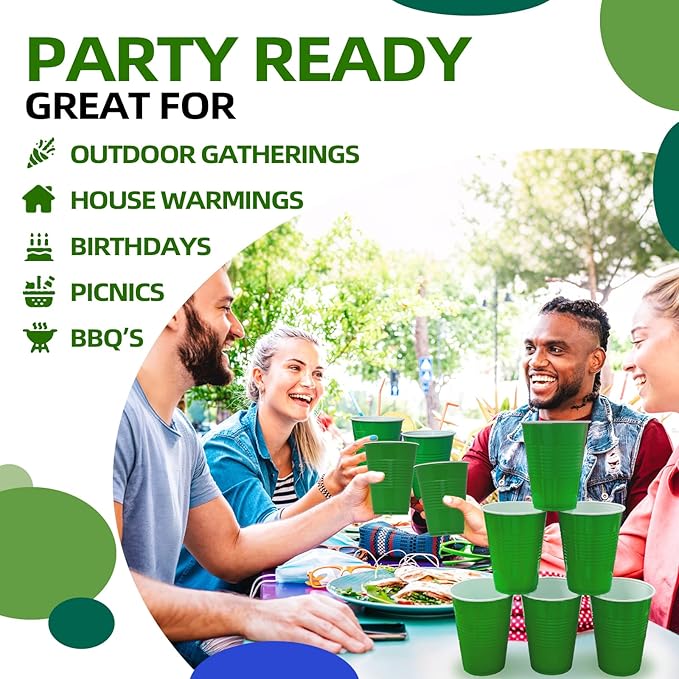 100 Pack Green Plastic Cups, 16 oz Green Disposable Cups, Plastic Party Cups Heavy Duty for Party Wedding Halloween Thansgiving Christmas Picnic