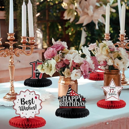Happy 17th Birthday Decorations,17th Birthday Red Glitter Shiny Stand Honeycomb Table Centerpieces - Cheers to Seventeen Years Old Birthday Party Photoprop Gift Sign.