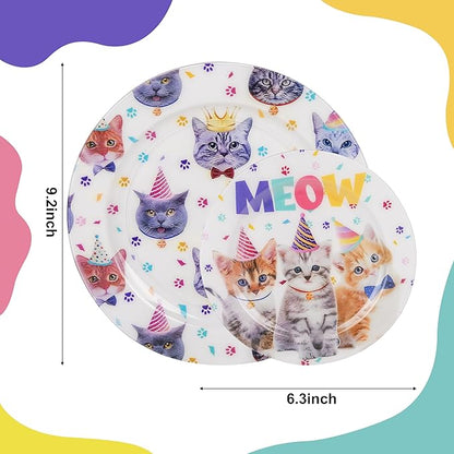 WELLIFE 20PCS Cat Theme Party Plates - Reusable Plastic Dinner & Dessert Plates (10×9.2" + 10×6.3") Kitten Birthday Party Supplies for Kids, Cute Cat Decorations for Girls Party