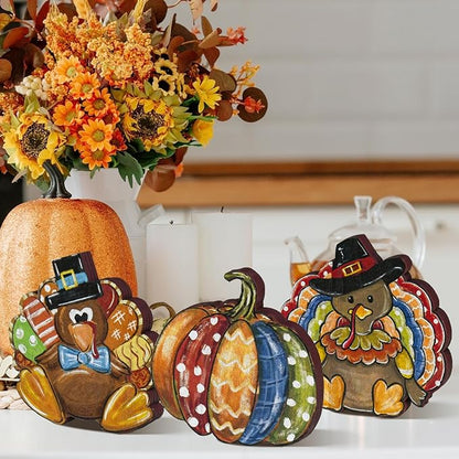 Smile 3 Pcs Wooden Blocks Pumpkin Turkey Signs, Thanksgiving Decor Indoor, Table Tiered Tray Kitchen Decorations