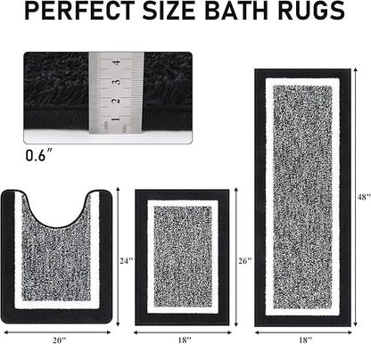 Pauwer Bathroom Rug Mat Set 3 Piece, Microfiber Shaggy Bath Set, Non-Slip Ultra Soft Carpet Mats, Absorbent with U-Shaped Toilet for Bathroom, Tub, Shower, Black