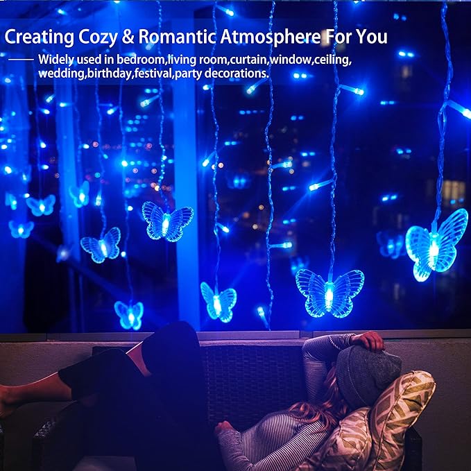 Blue Butterfly Curtain Fairy Lights USB Plug in,120 LED 8 Modes 20FT Firefly Twinkle Icicle String Lights with Remote Timer Waterproof for Bedroom Christmas Wedding Party Dorm Decor