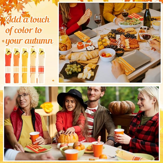 Lasnten 50 Pcs Pre Rolled Fall Thanksgiving Plastic Silverware Set Gold Disposable Plastic Cutlery Set with 50 Pcs Orange Yellow Napkins, 50 Knives, 50 Forks and 50 Spoons for Halloween Fall Parties