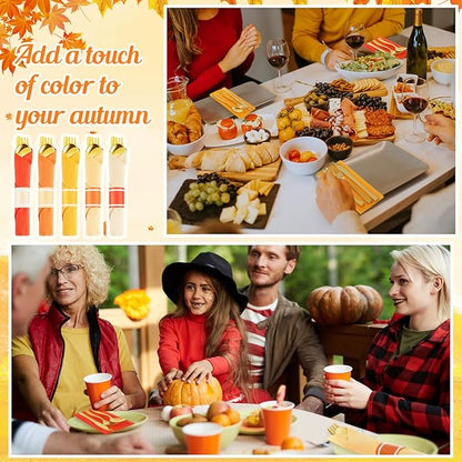 Lasnten 50 Pcs Pre Rolled Fall Thanksgiving Plastic Silverware Set Gold Disposable Plastic Cutlery Set with 50 Pcs Orange Yellow Napkins, 50 Knives, 50 Forks and 50 Spoons for Halloween Fall Parties
